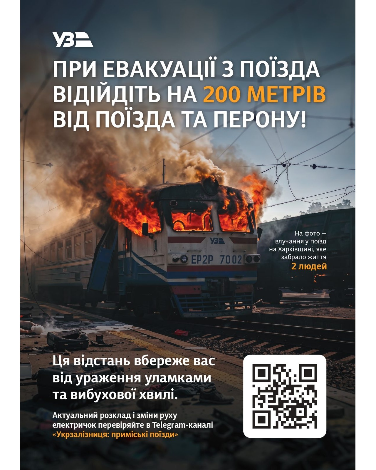 Пасажирів закликають евакуюватись на 200 метрів від поїзда